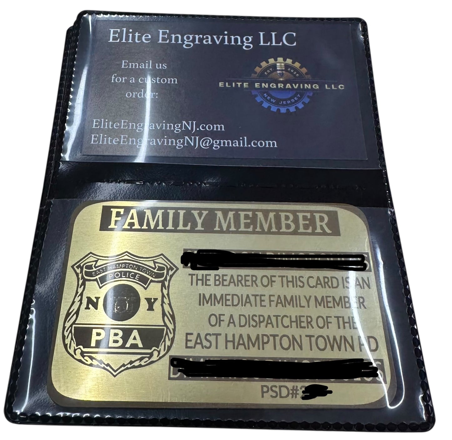 Gold 'Family Member' card with police badge design in Elite Engraving LLC packaging.