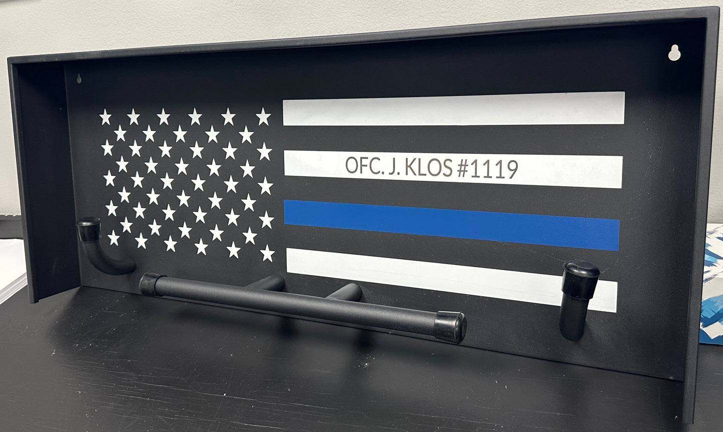 Engraved Wall Mounted Police Gear Rack with Police Flag