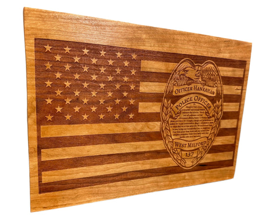 Police Officer Wood Sign - Officer Badge with Flag