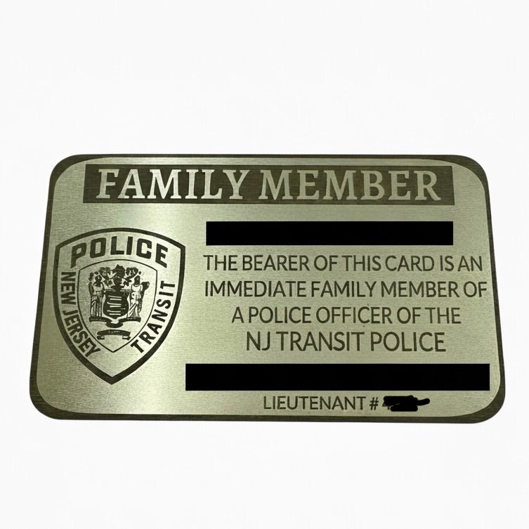 Metallic card with 'Family Member' text and NJ Transit Police logo on a white background