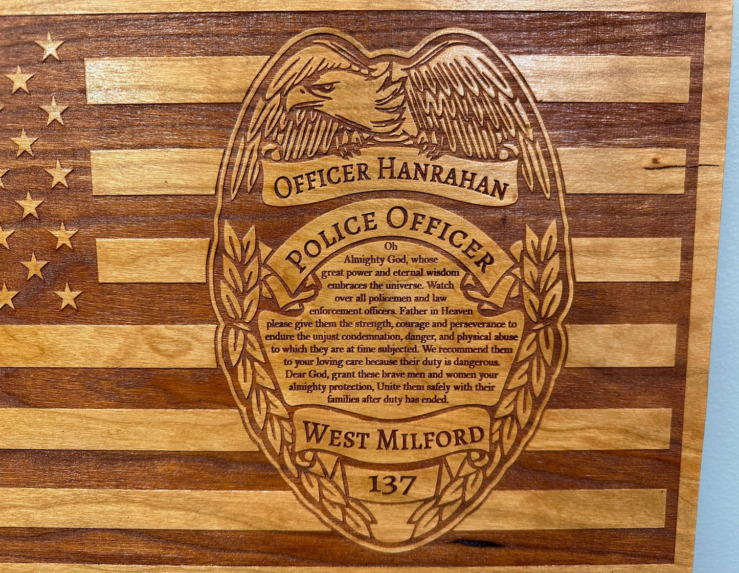 Police Officer Wood Sign - Officer Badge with Flag