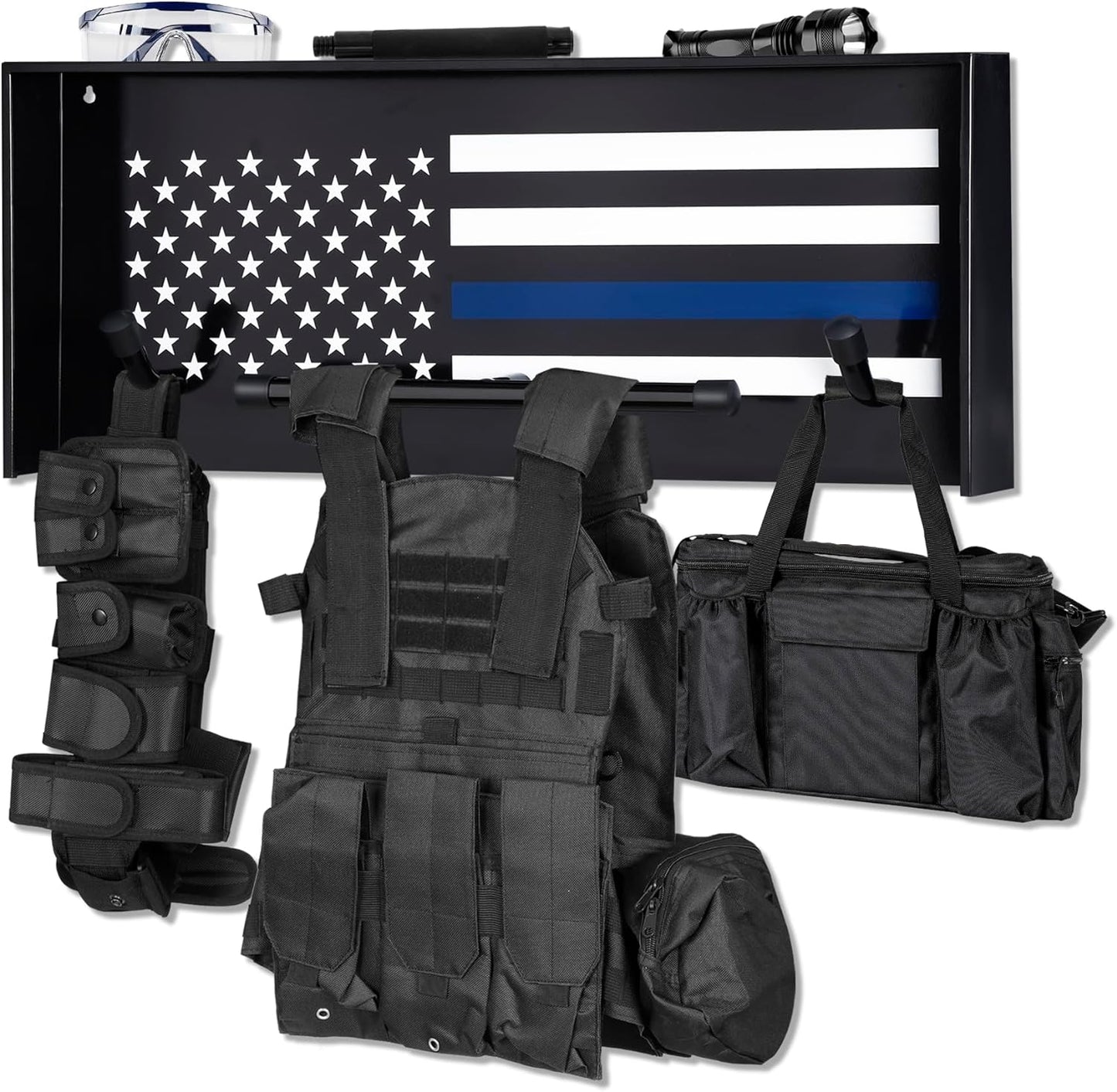 Engraved Wall Mounted Police Gear Rack with Police Flag