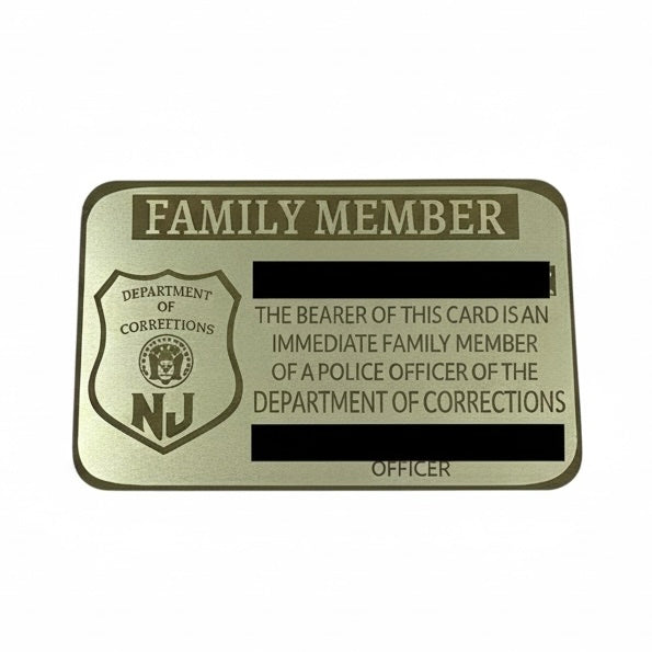Brass card with 'Family Member' text and NJ Department of Corrections logo on a white background