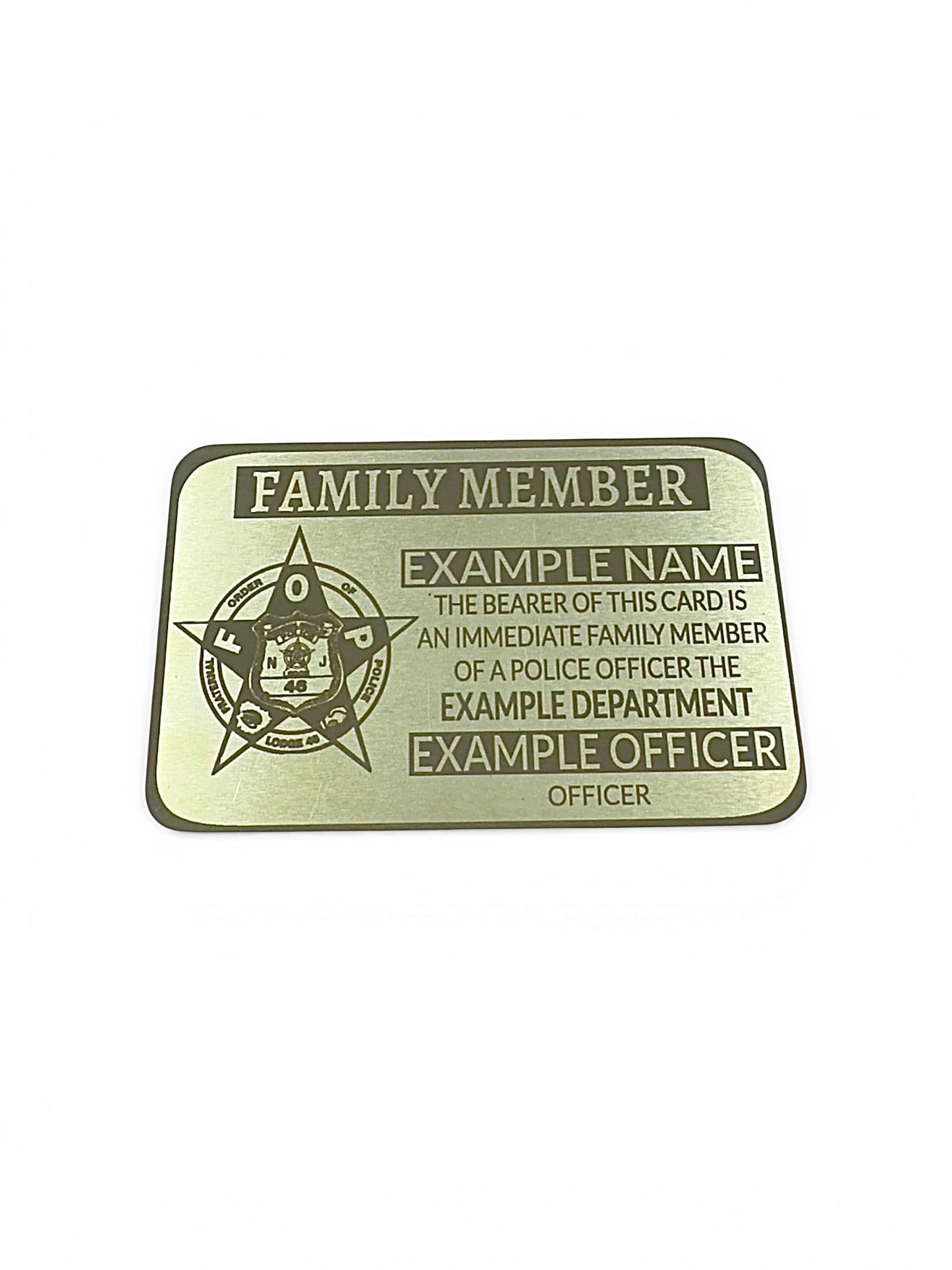 Gold family member ID card with police emblem on a white background