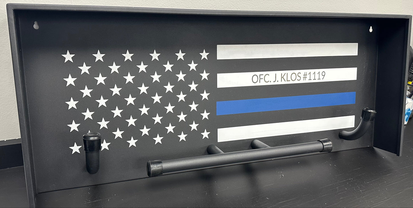 Engraved Wall Mounted Police Gear Rack with Police Flag