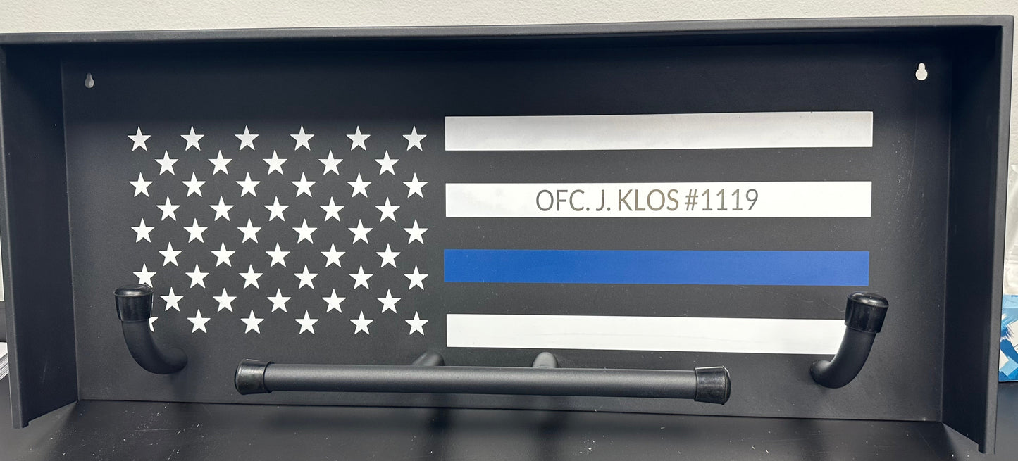 Engraved Wall Mounted Police Gear Rack with Police Flag