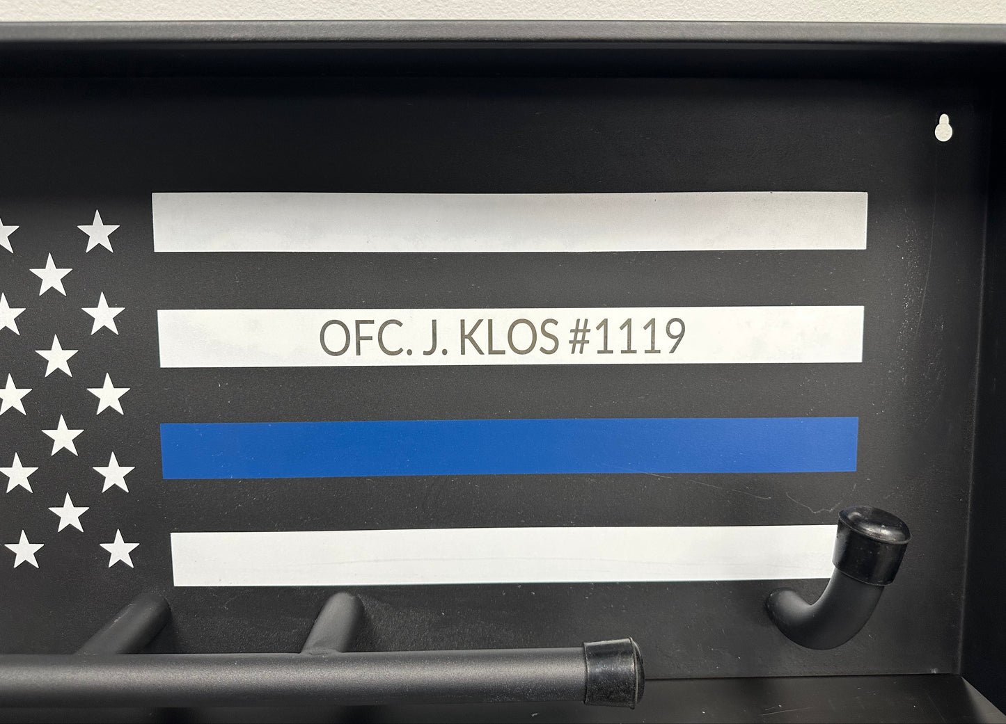 Engraved Wall Mounted Police Gear Rack with Police Flag