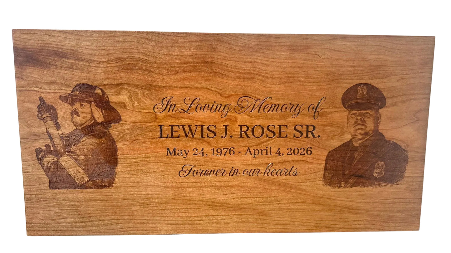Wooden plaque with engraved portraits and text in memory 