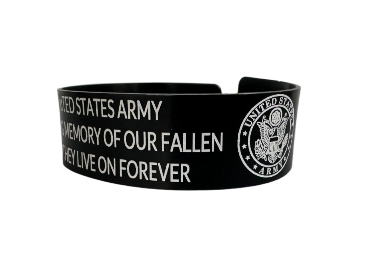 Black wristband with U.S. Army logo and text on a white background