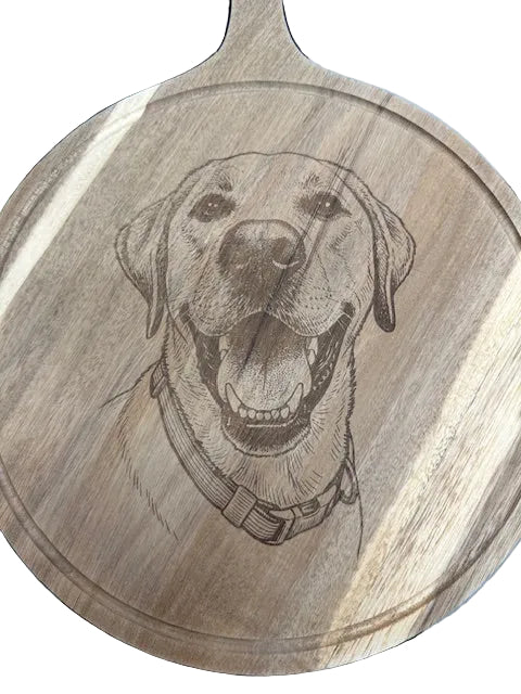 Wooden cutting board with engraved design of a dog wearing a hat on a blue background